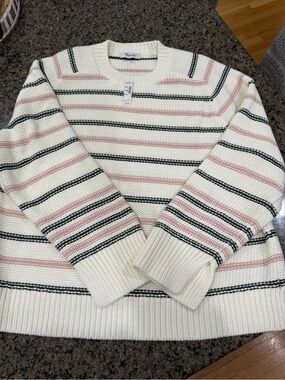 Madewell Cream Crewneck Sweater with Pink and Black Stripes
